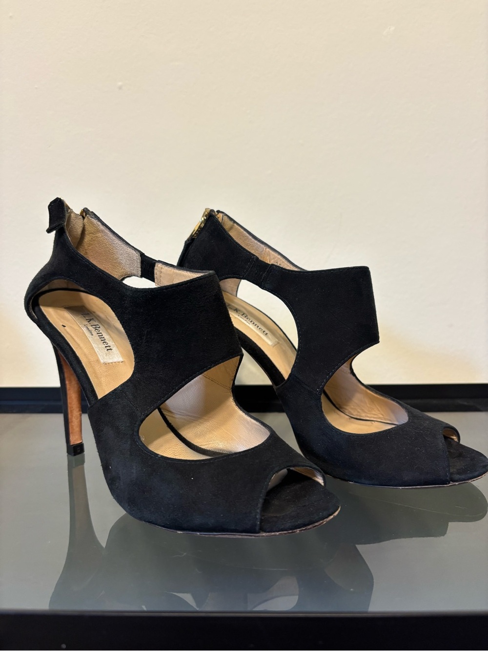 LK Bennett Black Suede Cutout Peep-Toe Heels